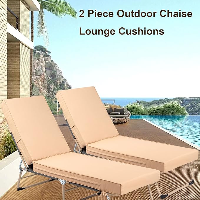 Chaise Lounge Cushions Outdoor Set of 2, Waterproof & Fade Resistant Patio Lounger Cushions, Replacement Sun Lounger Pads with Removable Cover for Pool, Deck, Lawn Furniture