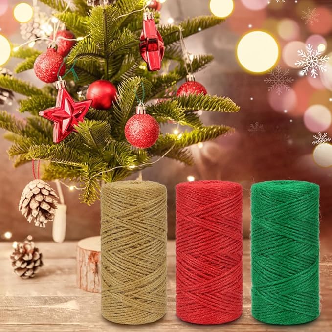 Tenn Well Colored Jute Twine, 3 Rolls 984 Feet 2mm Red Green Brown Jute String, Christmas Twine for Gift Wrapping, Holiday Decorations, Bundling, DIY Crafts