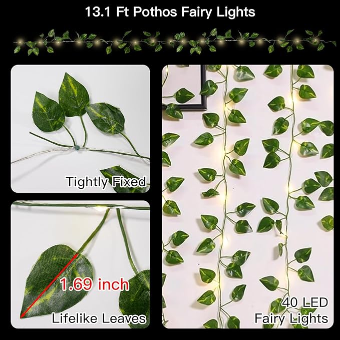 suddus Vine with Fairy Lights Battery Operated, 13.1ft 40 LED Pothos String Lights with Remote, Leaf Lights for Bedroom, Room, Wall, Garden, Party, Wedding Dorm Decor(Warm White)