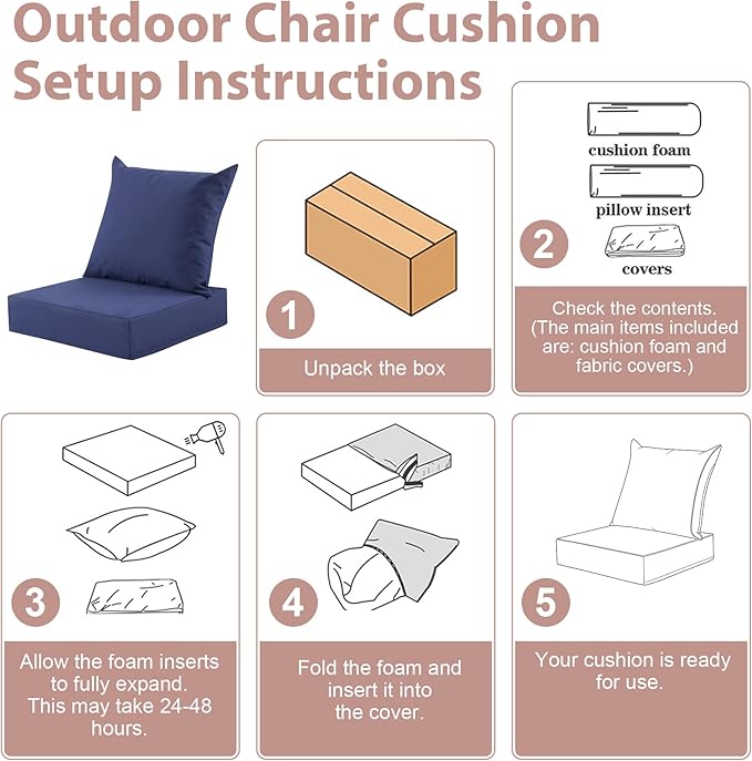 Outdoor Deep Seat Cushion Set, 24x24 Inch Water-Resistant & Fade-Resistant Outdoor Chair Cushions, Patio Furniture Cushions with Removable Cover for Patio Chair, Sofa,Navy Blue (Set of 6)