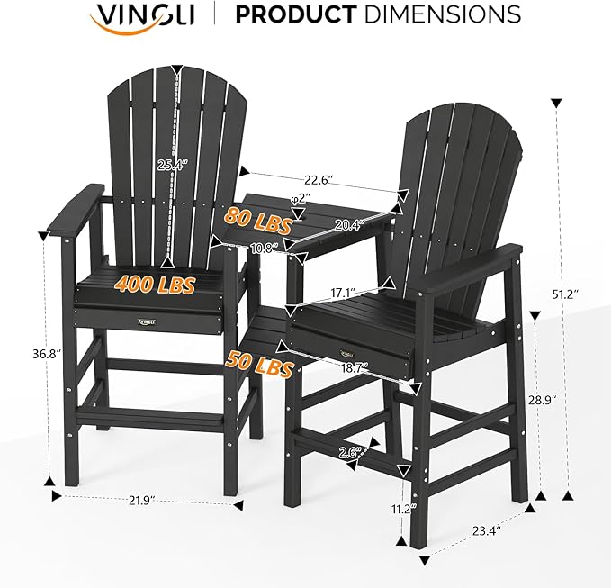 VINGLI Tall Adirondack Chairs Set of 2, All Weather HDPE Bar Height Adirondack Chair with Double Trays, Adirondack Barstools for Balcony, Poolside, Backyard and Patio (Black)