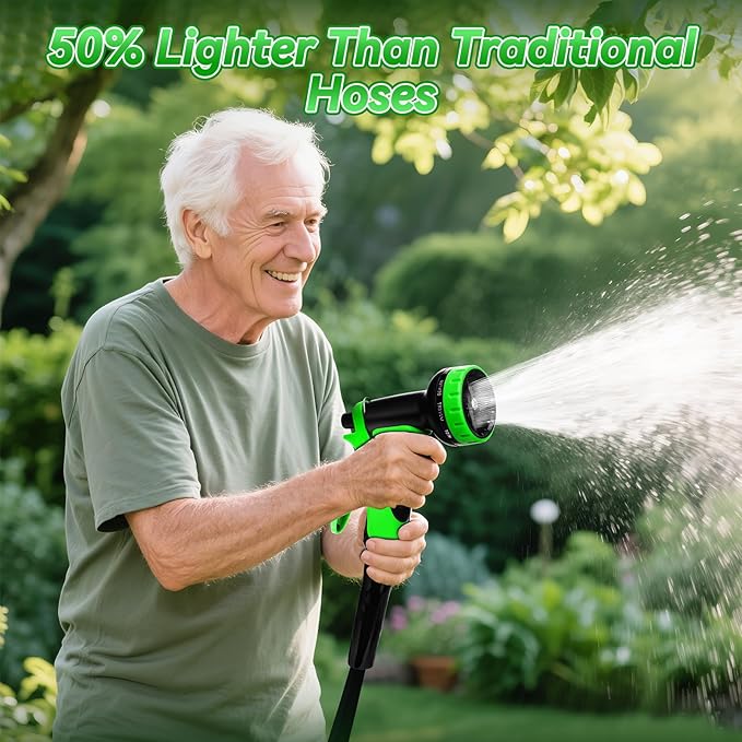 Non-Expanding Garden Hose 100FT, Lightweight Flexible Hose with 10 Function Nozzles, Leak-Proof Metal Interface, Kink Free, Wear-Resistant, Outdoor Long Hose Pipe for Car Wash, Yard, Lawn