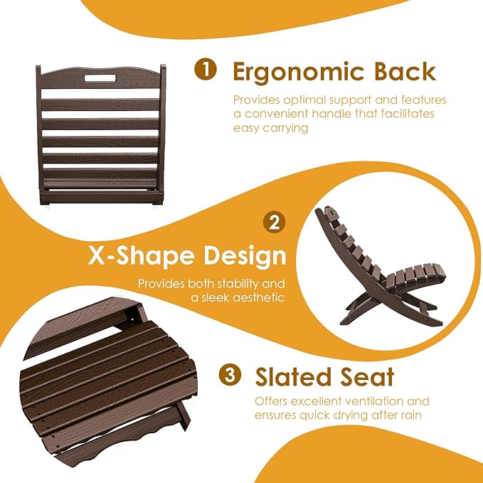 IVY&LANE Portable Xavier-Chairs Set of 2 | Folding-Adirondack-Chair | Wave | HDPE Plastic | Wood Grain | Dark Brown | All-Weather Resistant | for Outdoor Fire-Pit Patio Lawn Beach Poolside
