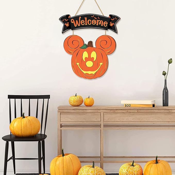 Halloween Mouse Pumpkin Decorations, Halloween Mouse Welcome Hanging Sign for Front Door, Happy Halloween Wooden Pumpkin Signs, Wood Door Hanger Ornaments for Home Window Wall Decor