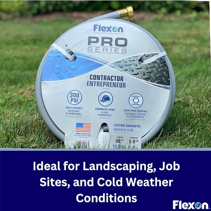 Flexon 5/8" x 25-Foot Contractor Grade Garden Hose – Heavy-Duty, Kink-Resistant, High Burst Strength, Scuff-Resistant Outer Jacket, Crush-Proof Brass Fittings, Ideal for Landscaping and Job Sites