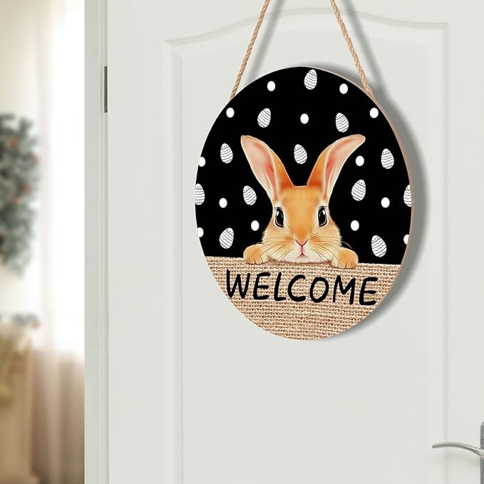 Welcome Door Sign For Front Door Decor,Easter Bunny Eggs Black Wooden Sign 12"x 12" Round Easter Hanging Door Sign Decoration for Wall Rustic Decor