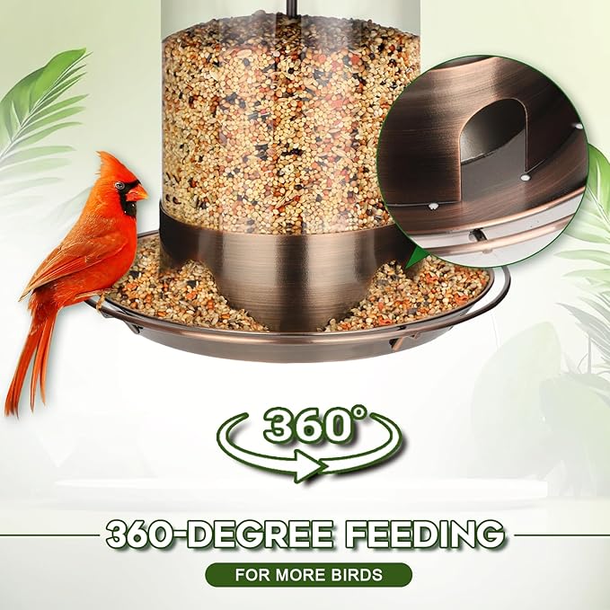 Metal Bird Feeders for Outdoors Hanging, Weather Resistant Wild Bird Feeder with 360 Degree Feeding Tray, Copper