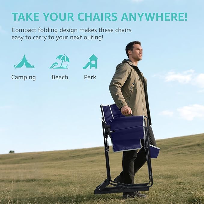 Rocking Camping Chair Rocker, Folding Chair Lawn Chairs with Cup Holders Foldable Outdoor Freestyle Navy Blue