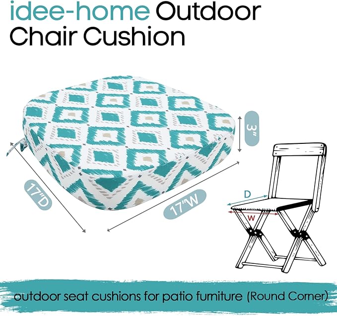 idee-home Outdoor Chair Cushions Set of 4, 17" x 17" x 3" Thick D-Shaped Patio Furniture Outdoor Seat Cushions Waterproof with Ties, Dining Pads