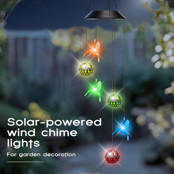 VIHOSE Solar Wind Chimes Lights Outdoor, Color Changing Hanging Solar Wind Chime, Hummingbird Moroccan Ball Mobile LED Lights for Outside Garden Yard Patio Decor, Waterproof