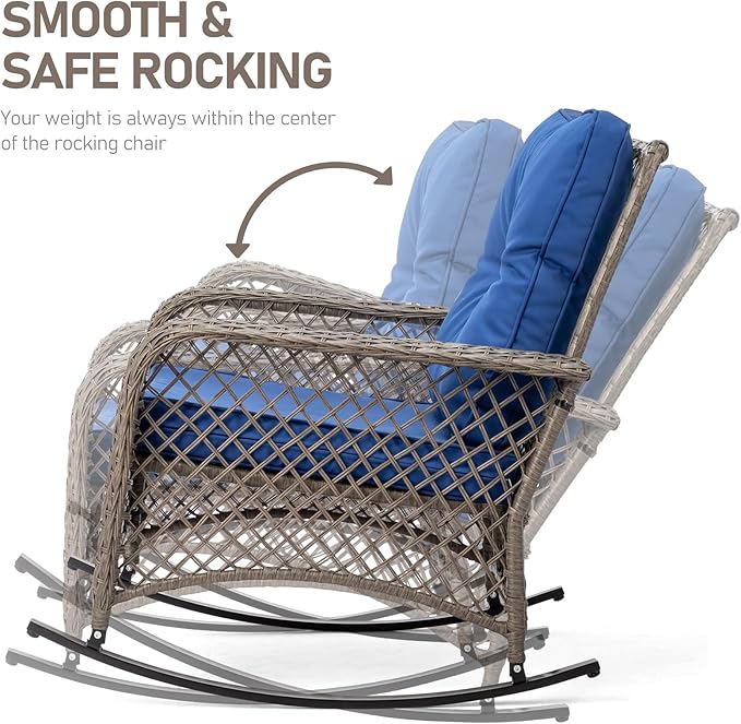 Outvita Outdoor Wicker Rocking Chair, Patio Rattan Rocker Chair w/Cushions & Steel Frame, All-Weather Rocking Lawn Wicker Furniture for Garden Backyard Porch Deck (Navy Blue)