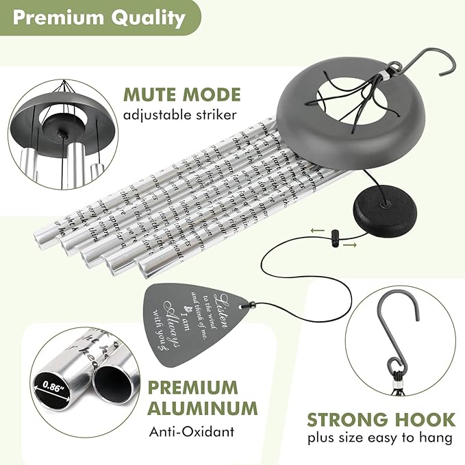 Memorial Gifts Wind Chimes for Outside - Sympathy Wind Chimes for Loss of Loved One Prime, Bereavement Gifts in Memory of Loved One, Sympathy Gift for Loss of Mother Father Condolence Remembrance,Gray