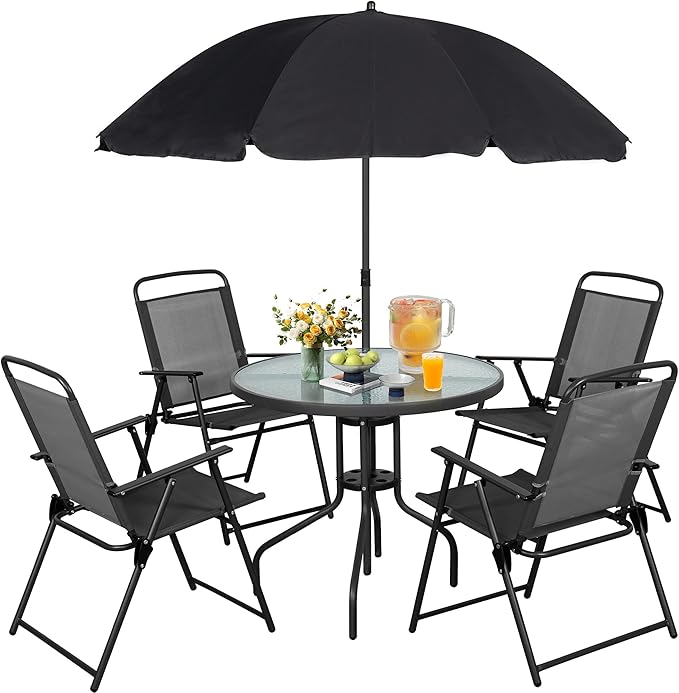 Vongrasig 6 Pieces Folding Patio Dining Set, All Weather Small Metal Outdoor Table and Chairs Set, Patio Furniture Set w/Umbrella, Glass Table & 4 Folding Chairs for Garden, Lawn, Backyard, Black