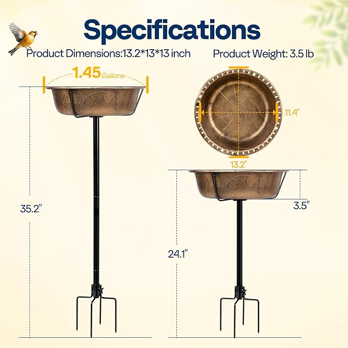 VIVOHOME Bird Bath for Outside, Outdoor 13'' Birdbath Bowl with Metal Ground Stake, Weather-Resistant ABS Bird Bath and Feeder for Garden, 1.45 Gallons, Copper