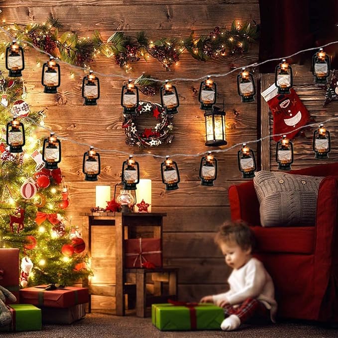8.5Ft Black Mini Kerosene String Lights, Vintage Fairy Decorative Lights with 10 Mini Black Kerosene Lights, Connectable Outdoor Lantern Christmas Light for Bedroom Camping Wedding Garden Holiday