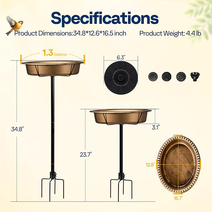 VIVOHOME Oval Bird Bath with Solar Fountain for Outside, Weather-Resistant ABS Birdbath Bowl with Solar Powered Pump, Metal Ground Stake for Outdoor, Garden, 1.3 Gallons, Copper