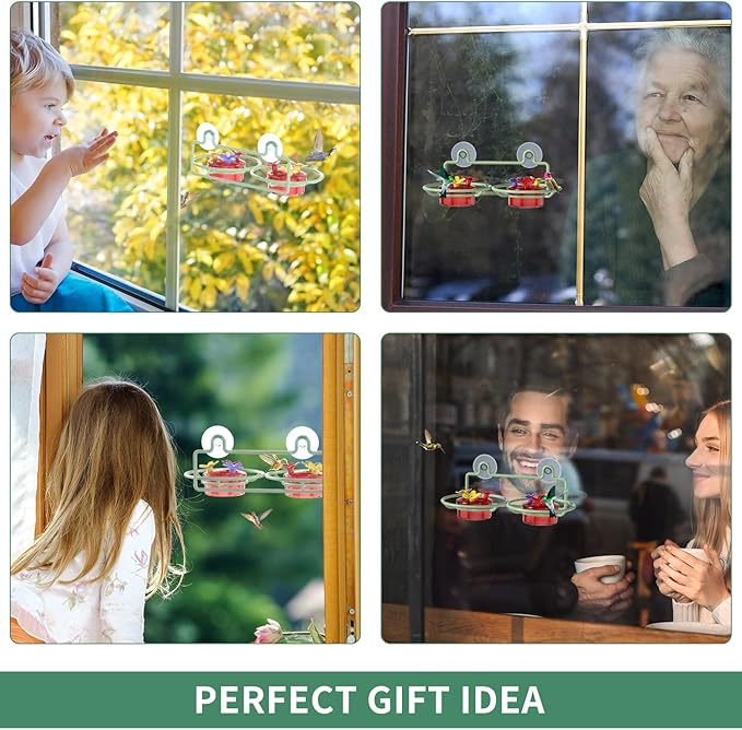 Window Hummingbird Feeder, Small Hummingbird Feeder for Outdoors with Strong Suction Cup - Metal Base & 6 Feeding Ports, Easy to Clean and Refill