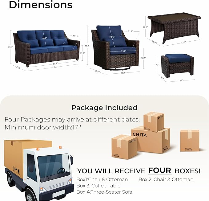 CHITA 6 Pieces Wicker Patio Furniture Set, Outdoor Conversation Set with 2 Pieces Rattan Rocking Swivel Chairs, 2 Pieces Ottomans and 3-Seater Sofa