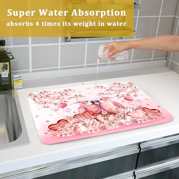 Red Bird Dish Drying Mat Large Absorbent Microfiber Dish Drying Pad for Lover Holiday Decor