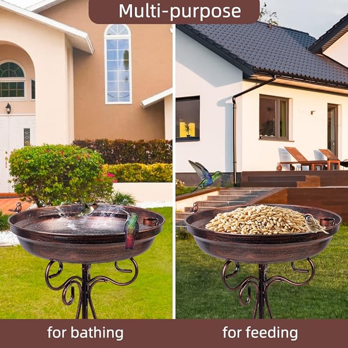 dreamysoul Large Bird Bath with Metal Pedestal, 18" Dia Antique Copper Outdoor Birdbath with Bird Feeder for Garden Outside Patio Yard Decor