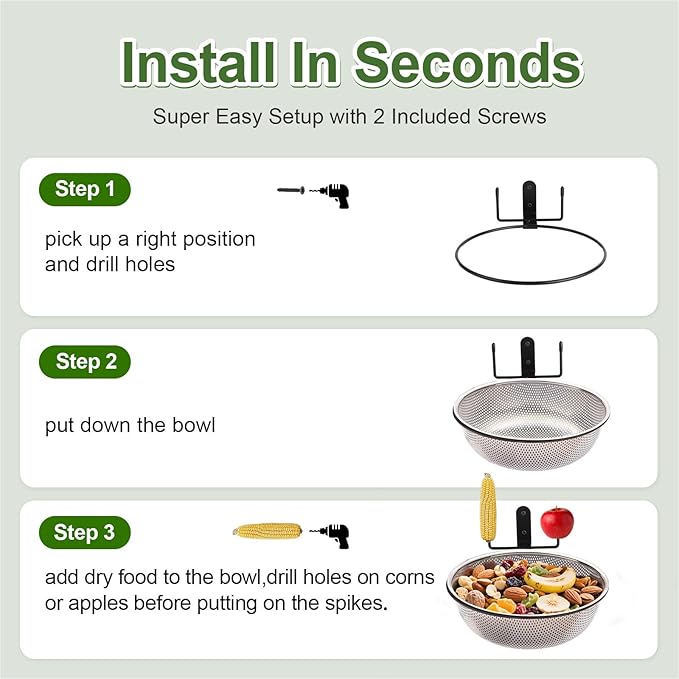Squirrel Feeder Bowl (2L) Trees or Fences Mounted, Removable Squirrel Feeder with 2 Squirrel Corn Cob Spikes, Outdoor 8.8" Stainless Steel Feed Bowl with Drainage Holes, Easy to Clean/Refill(Black)