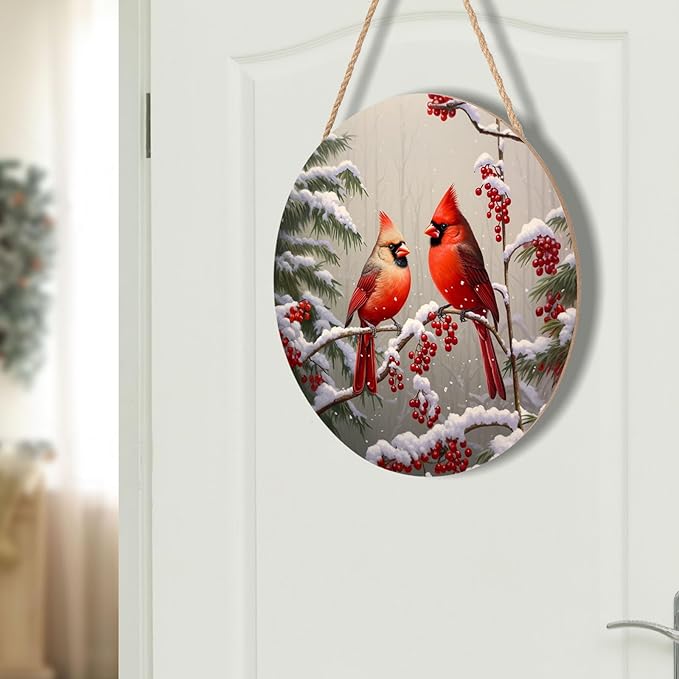 Winter Red Cardinal Bird Door Sign For Front Door Decor,Holly Berry Branches Snow Wooden Sign 12"x 12" Round Wood Hanging Door Sign Winter Decoration for Wall Rustic Decor
