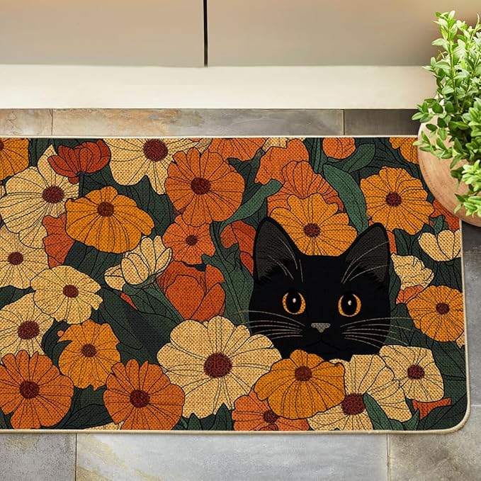 Artoid Mode Black Cat Flowers Spring Doormat, Home Summer Decor Low-Profile Switch Rug Door Mat Floor Mat for Indoor Outdoor 17x29 Inch