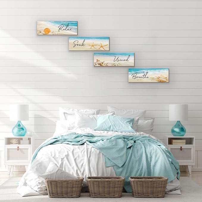 ZINYAZHE 4 Pieces Beach Bathroom Decor Ocean Beach Wall Decors Relax Soak Unwind Breathe Blue Wall Art Wooden Seashell Sea Beach Decorations for Bathroom Living Room Laundry Spa Washroom(12x3.5 Inch)