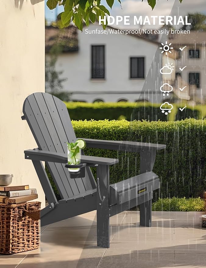 Carauci Plastic HDPE Adirondack Chair, Folding Adirondack Chair Weather Resistant with Cup Holder, Wooden Textured Fire Pit Outdoor Chair for Garden, Porch, Lawn, Backyard, Supports 380LBS, Grey