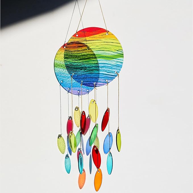 YU FENG Rainbow Stripe Double Disc Glass Wind Chime - Colorful Hanging Decor for Patio, Window & Garden