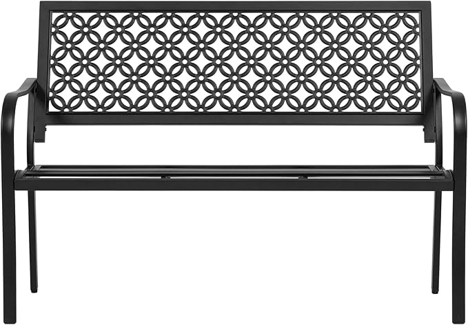 ONBRILL 50" Outdoor Bench, Garden Benches with Galvanized Metal Frame, Front Porch Bench with Floral Backrest, Patio Furniture with Adjustable Feet for Park, Yard, Lawn, Entryway, Black