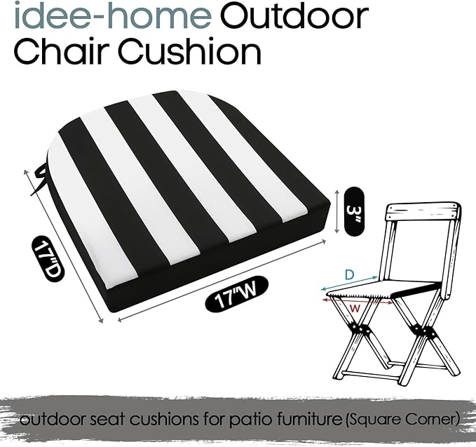 idee-home Outdoor Chair Cushions Set of 2, Thick 17" x 17" x 3" Outdoor Seat Cushions Patio Furniture Waterproof with Ties, Dining Pads