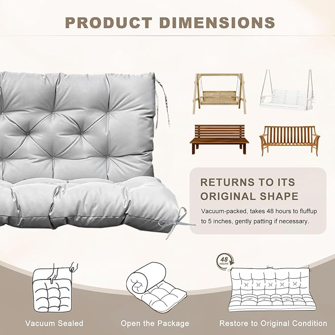 Porch Swing Cushion with Backrest,Waterproof Bench Cushion for Outdoor Furniture,2-3 Seater Replacement Thickened Swing Cushion with Ties,Patio,Outdoor,Backyard and Garden (Light Gray,47x40)