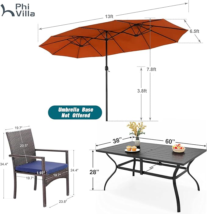 PHI VILLA 7 Piece Patio Dining Set with Umbrella, 60” Rectangular Metal Dining Table & 6 Cushioned Rattan Wicker Chairs & 13ft Large Red Umbrella for Outdoor, Deck, Yard, Porch