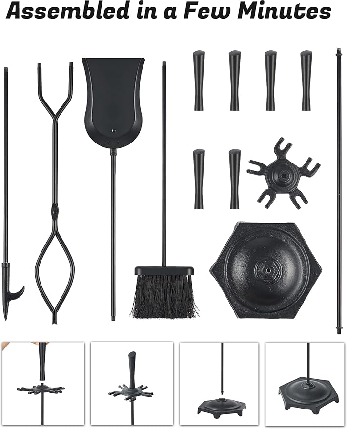 Lichamp Fireplace Tools Set, 5-Pieces Indoor Outdoor Sturdy Fire Place Poker Sets with Modern Handle, FTS15BK