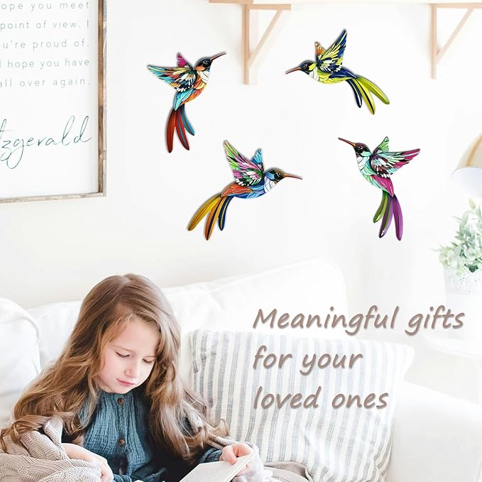 WHBIMGOOO 4 Pack Metal Hummingbird Wall Art Decor, 3D Colorful Birds Outdoor Sculpture for Garden Fence, Backyard, Outdoor Wall, Patio and Balcony, Great Gifts for Family Friends