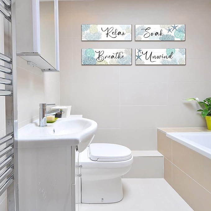 Pinkunn 4 Pcs 11 x 3.5 Inches Ocean Beach Bathroom Wall Decor Coastal Bathroom Decor Wood Relax Soak Unwind Breathe Wall Art Starfish Seashell Coral Nautical Art Rustic Farmhouse Wooden Signs