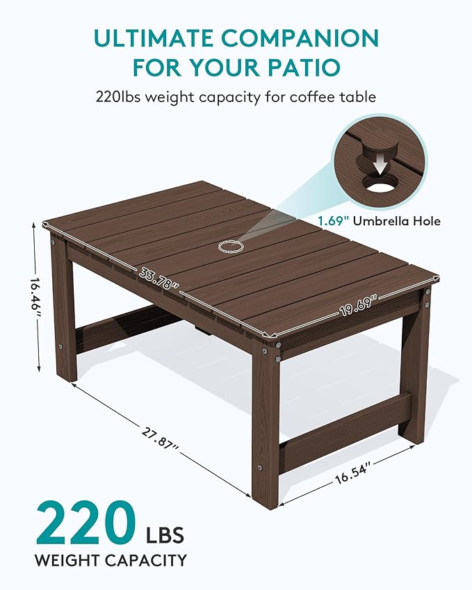 SERWALL 3 Pieces Patio Adirondack Bench Set, 2 Folding Adirondack Bench & 1 Coffee Table with Umbrella Hole Set for Front Porch Garden Balcony Backyard, Coffee