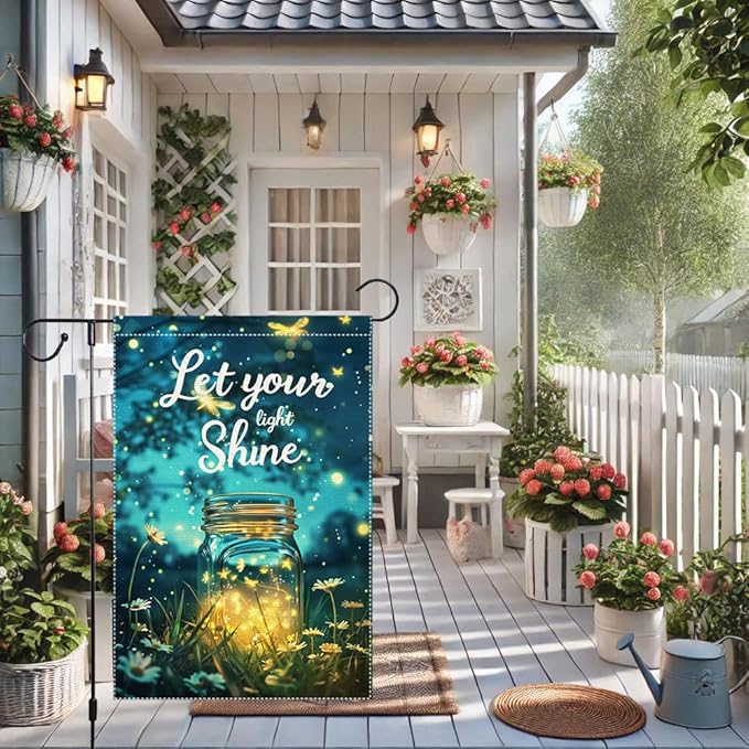 Let Your Light Shine Garden Flag 12x18 Inch Double Sided Small Burlap Summer Outdoor Yard Decor Fireflies Mason Jar Flowers Patio Lawn Porch Decorations
