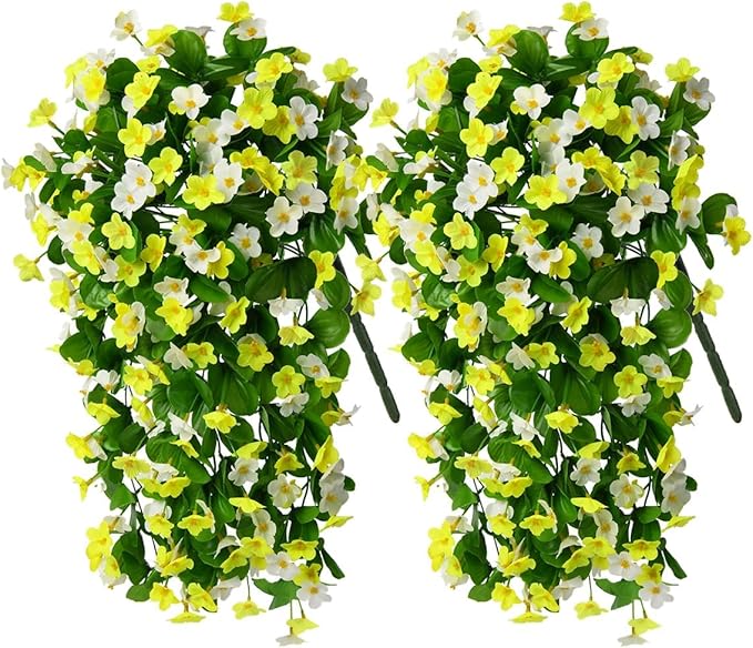 2 Pack Artificial Hanging Flowers, Fake Flowers Hanging Plant Violet Flower, Artificial Faux Silk Spring Flower for Wall Front Door Yard Garden Wedding Outdoor Decoration(Yellow White)