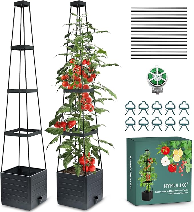 Self-Watering Garden Bed, Raised Garden Bed Planter Box Outdoor, 58” Tomato Cage Planter for Vegetables, Flowers, Herbs, and Fruit, Outdoor Indoor,5 Gallon Capacity