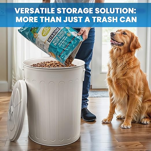 Plexon Large Metal Trash Can with Lid 20 Gallon, Decorative Outdoor Trash Can, Heavy Duty Galvanized Metal Bucket with Lid for Kitchen Garage Farmhouse, Beige, 6 Pack