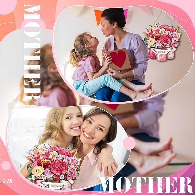 Boao Welcome Mother's Day Wooden Door Hanging Sign Pink Farmhouse Door Decor Vintage Mother's Day Wood Rose Gift Sign Rustic Wall Plaque Ornaments for Window Wall Porch