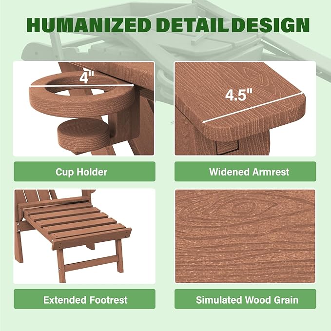 LOUNZY Folding Adjustable Adirondack Chair with Retractable Ottoman, HDPE Recliner Adirondack Chair with Cup Holder for Deck Lawn Fire Pit, Brown