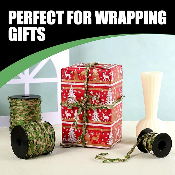 Natural Jute Twine with Green Leaf - 33 Feet (10 Meters) | Decorative Garden String for Gift Wrapping, Crafts, Wedding Decor