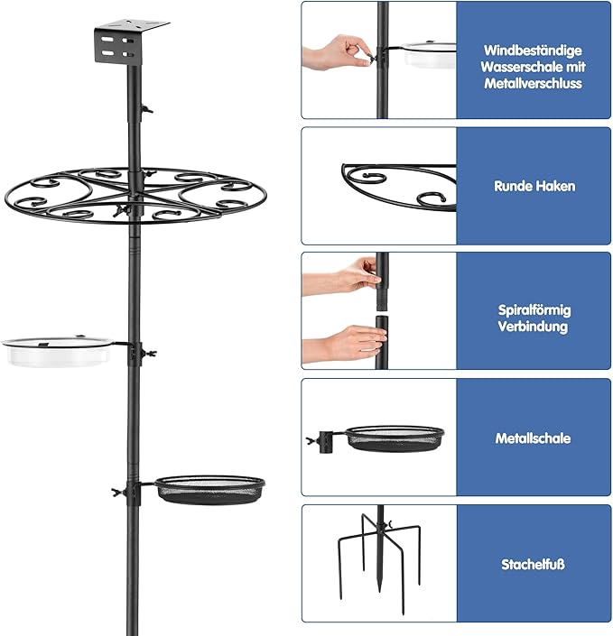 Bird Feeder Pole Stand with Semicircular Hook - Outdoor Bird Feeding Station Set: Bird House Frame, Mesh Tray & Wind-Resistant Water Bowl with Metal Snap Fastening