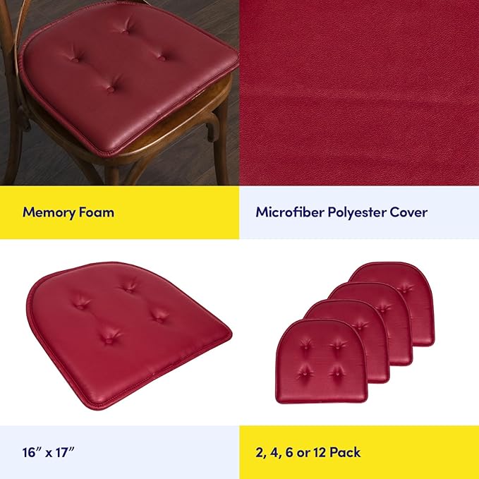 Sweet Home Collection Chair Cushion Memory Foam Pads Tufted Slip Non Skid Rubber Back U-Shaped 17" x 16" Seat Cover, 2 Count (Pack of 1), Faux Leather Burgundy Red