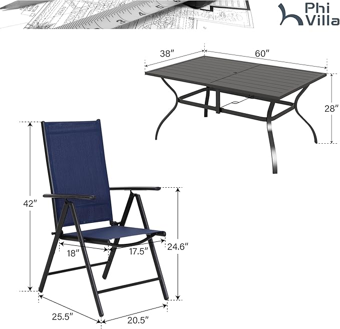 PHI VILLA 7 Piece Patio Dining Set with Patio Table and Chairs, Outdoor Dining Set for 6 with Adjustable Folding Patio Chairs & Metal Steel Table for Garden, Blue