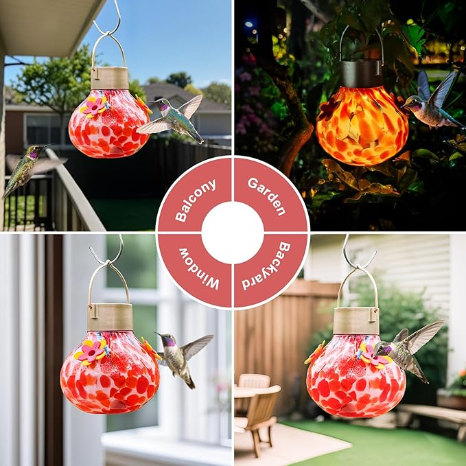 Hummingbird Feeder with Solar Light, Glass Hummingbird Feeder for Outdoors, Auto-Lighting Solar Light for Garden Decor, 3 Ports Attract More Birds, Waterproof Lamp, Ideal Gift, Red