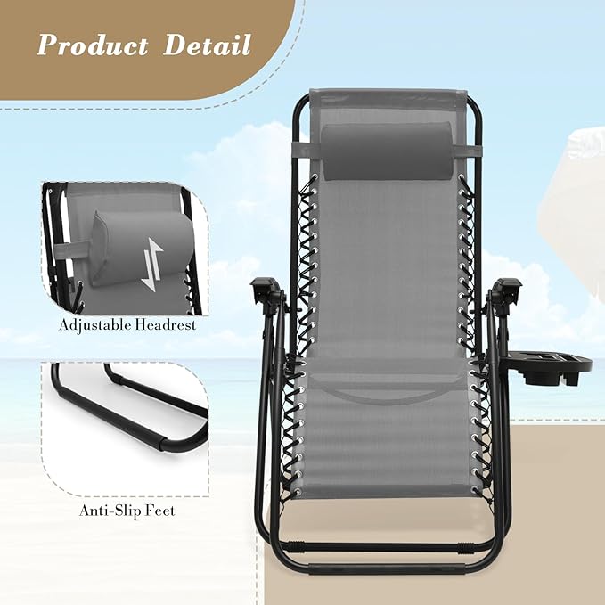 Athena Collection Zero Gravity Chair, Outdoor Lounge Chair with Adjustable Pillow and Cup Holder, Reclining Camping Chair for Outside Beach Lawn Garden Patio Poolside Set of 2- Grey